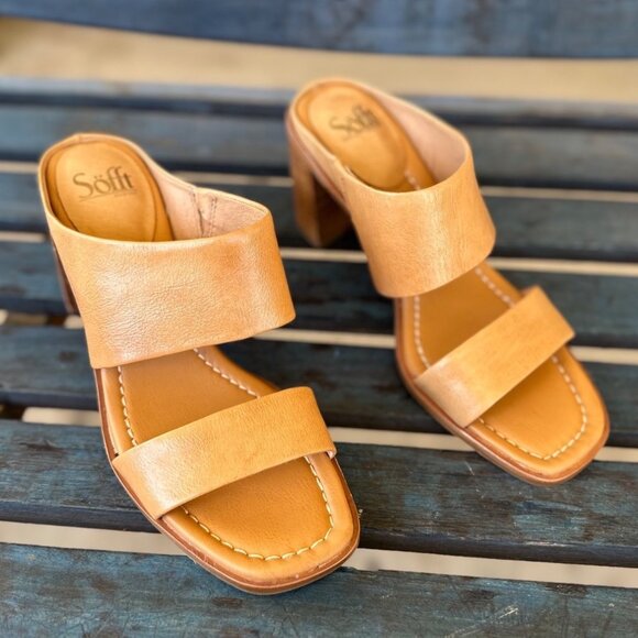 Söfft Sheila Womens Slide Sandal 11M Caramel Leather Padded Stacked Heel Comfort - Picture 1 of 10